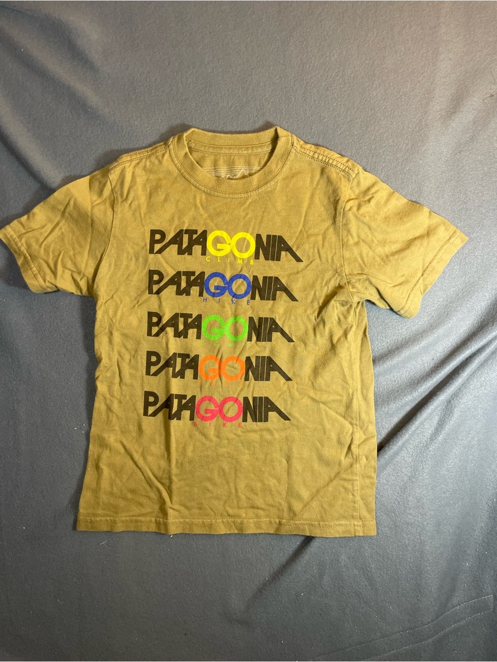 Patagonia Boys XS Stacked Outdoor Graphic T-Shirt | Light Tan / Khaki